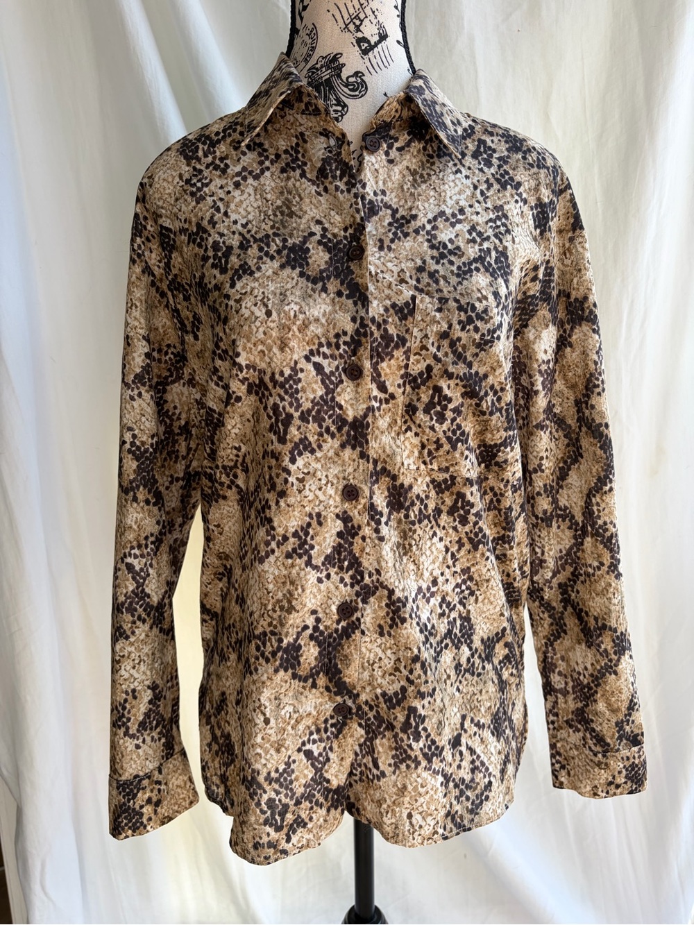 Zara Snake Print Button Down Shirt Brown Animal Print Blouse S